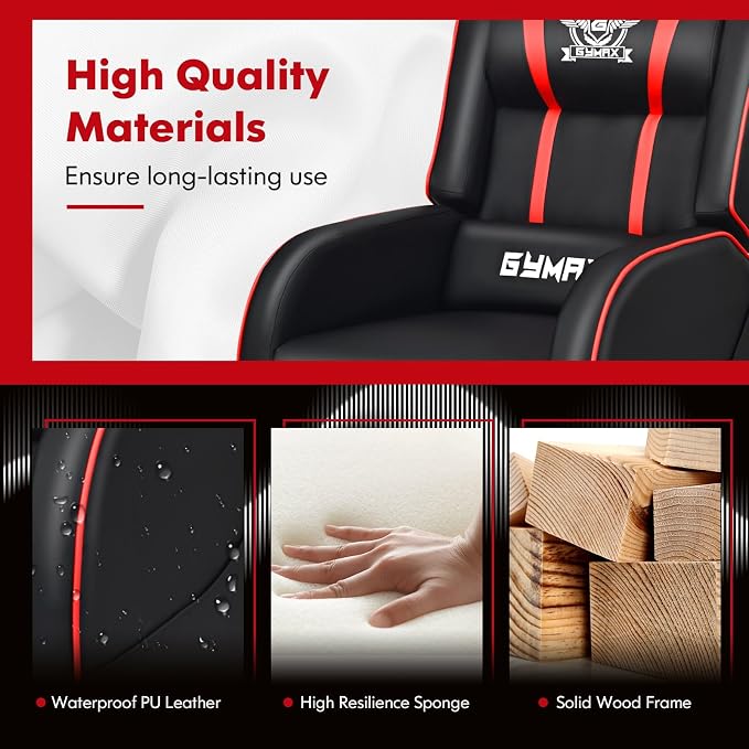 GYMAX Gaming Recliner, Massage Gaming Chair with Adjustable Footrest, Remote Control & Side Pocket, Ergonomic Game Lounge Chair, Racing Style Single Theater Seat Game Sofa for Adults (Red) - Image 9