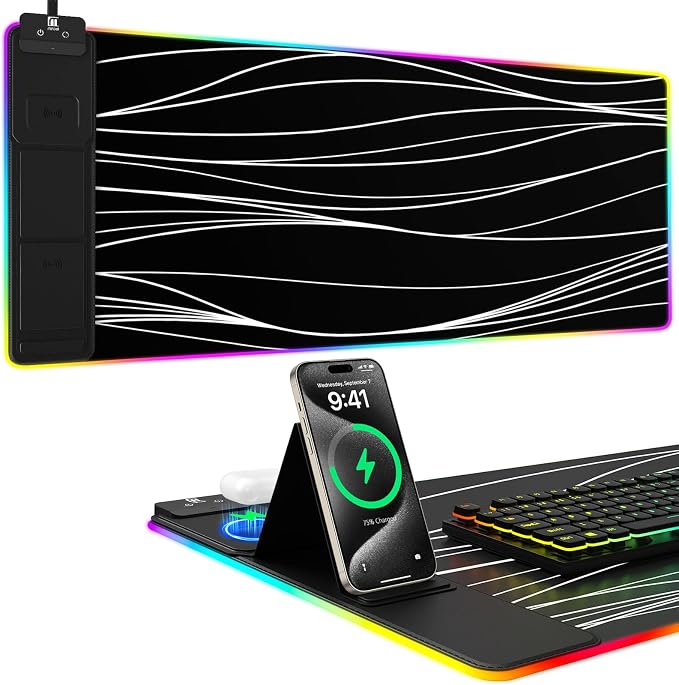 Mouse Pad with Phone Holder, Wireless Charging Desk Mat, RGB Gaming Mousepad Home Office Large Desk Pad with Ultra-Smooth Surface, Non-Slip Base, Waterproof Keyboard Pad,Wavy Black by miroddi