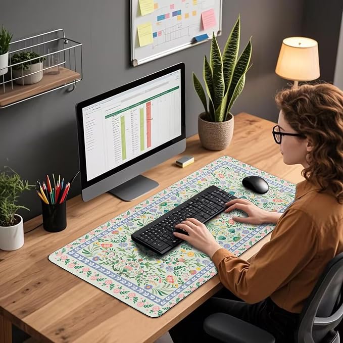 Green Floral Desk Mat Large Mouse Pad 31.5"x15.7" Non-Slip | Extended Mousepad, Non-Slip Rubber Base , Stitched Edges, for Computer/Laptop/Office/Home - Image 5