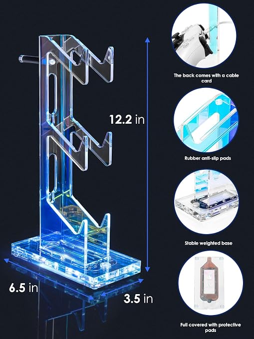 OAPRIRE RGB Controller and Headset Stand with 21 Light Modes, 3 Tier | Acrylic Game Controller Stand for Desk, Stabilized Base, Gamer Gift for PS5 PS4 Xbox Controllers, Desk Accessories, Clear - Image 4