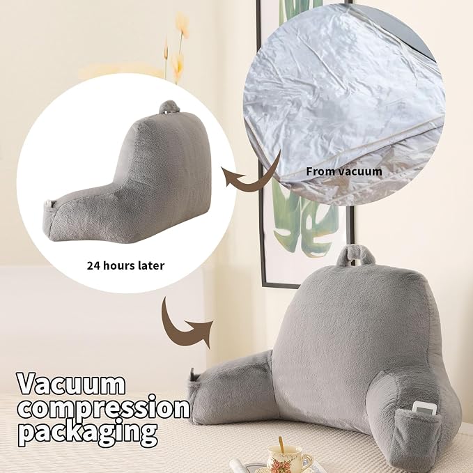 Large Plush Backrest Pillow for Sitting in Bed,Faux Fur,Gray | 19" Back Pillow with Arms Supports Adults,College Students,Elbows & Forearms for Dorm Reading,Gaming,Watching TV - Image 4