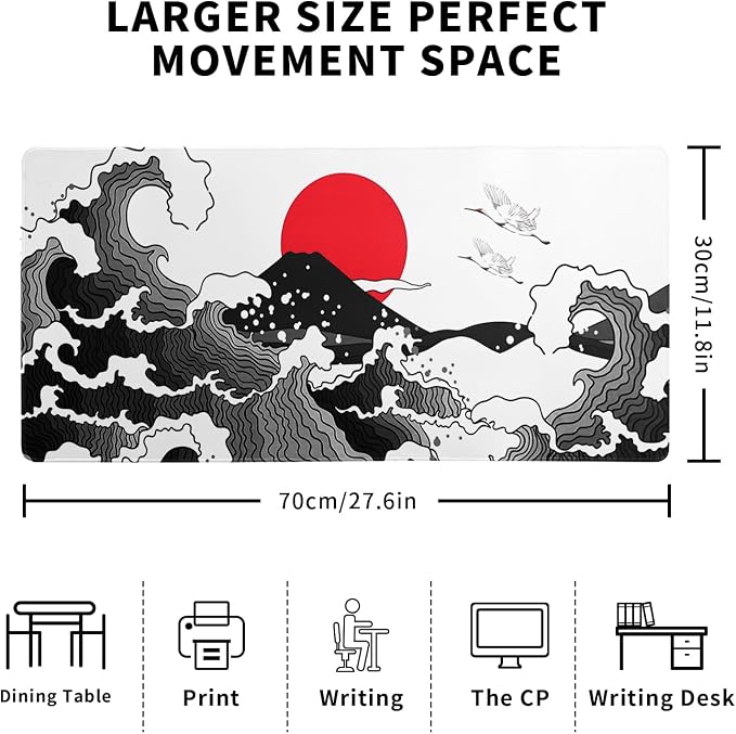 Japanese Red and Black Wave Gaming Mouse Pad Extended Large Mouse Mat Desk Pad Sea Texture Non-Slip Rubber Base Wave Mousepad Stitched Edges Keyboard Desk Pad for Office Home Game 27.6x11.8 Inch - Image 2