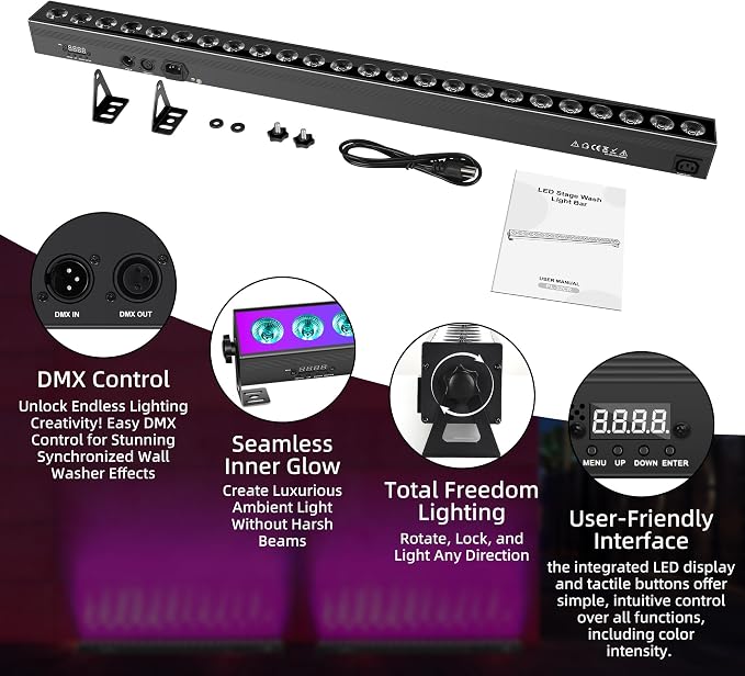LED Stage Wash Light Bar - 150W DJ Light Bar with RGBW High-Lighted & RGB Aura Effect - Uplights for Events with DMX Control,Sound Activated,Auto Play, Master Slave for Event Party Church Wedding - Image 9