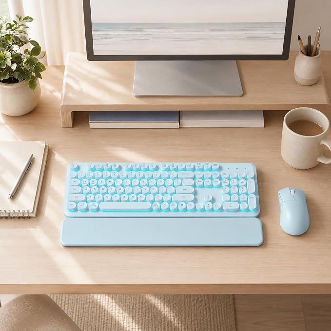 Rechargeable Backlit Wireless Keyboard and Mouse Combo, Retro Round Keycaps, Light Up Letters, Magnetic Wrist Rest, 2.4GHz Cordless for Mac Windows PC Laptop, Glowing Dusty Blue - Image 9