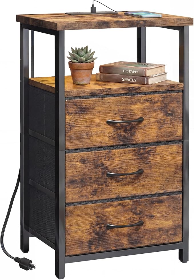 Fixwal Night Stand with Charging Station, 3 Fabric Drawers, Rustic Brown by Fixwal