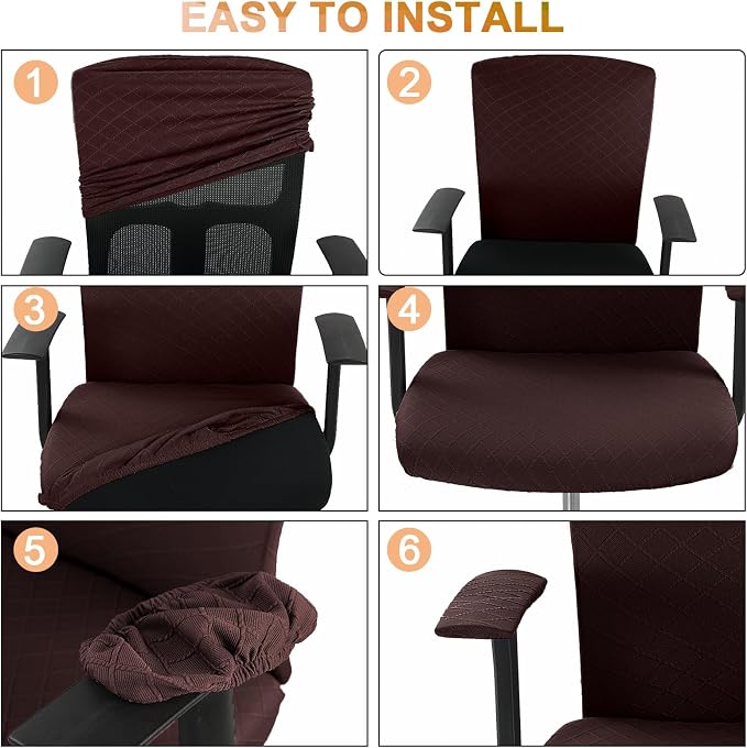 Tallew 4 Pcs Office Chair Covers Set Computer Universal Protective Stretchable Chair Seat Covers Desk Armrest Slipcovers Pads Office Cushion Backrest for Rotating(Dark Brown) - Image 6