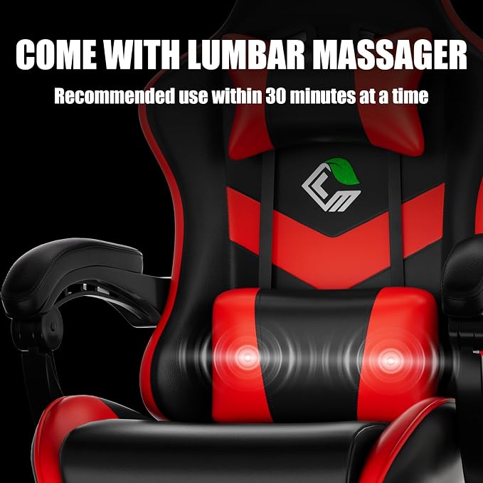 Czlolo Gaming Chair, Ergonomic Office Computer Chair with Footrest and Lumbar Support Massager High Back Video Gamer Chair, Wide＆Thick Cushion, 90°-135° Recline, Adjustable Height, Crimson - Image 6