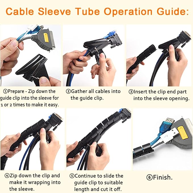 Large PC Cable Management Tube Sleeve Under Desk Wire Organizer for Cords 2 PCS Black, 1.1 inch -5 ft EZ Spiral Cable Wrap Cover Bundler w/Clips for TV Office, Pet Proof Cable Protector - Image 7