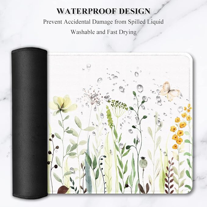 Auhoahsil Desk Pad, XXL Large Mouse Pad, Extended Gaming Mousepad, Cute Desk Mat for Women, Big Office Accessories Mouse Pad for Computer Keyboard and Laptop, 35.6" x 15.7", White Wildflower Butterfly - Image 6