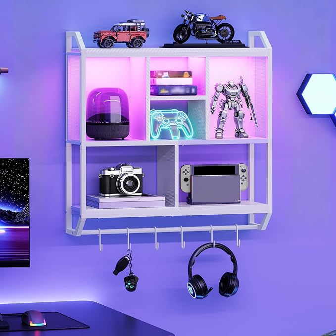 HOOBRO Gaming Floating Shelves with LED Lights, 28.7" LED Wall Mounted Shelf, 3-Tier Display Rack for Wall Storage, Floating Rack with Hanging Rod and 6 S-Hooks, for Gaming Room, White WT70DBJ01 by HOOBRO