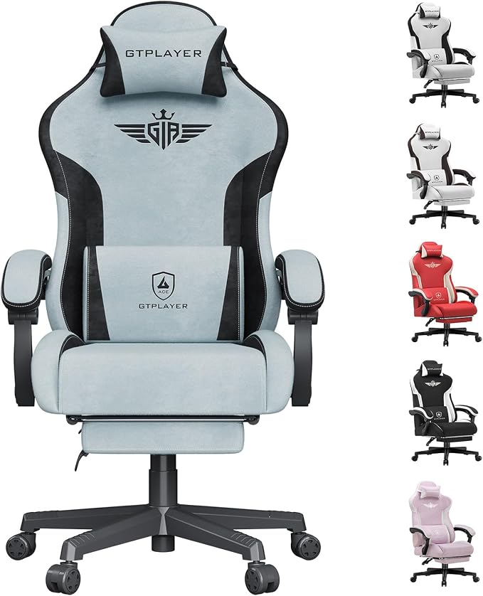 GTPLAYER Gaming Chair, Computer Office Chair Lumbar Support, Linkage Armrests and Footrest, Ergonomic Game Chair for Adults with Extended Backrest, Velvet Fabric, Light Blue by GTPLAYER