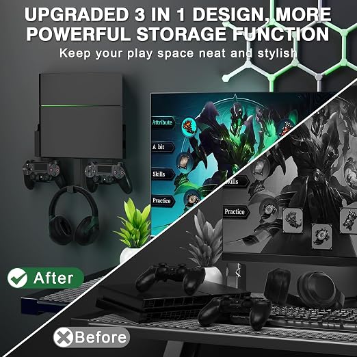 Wall Mount for PS4, Stealth Wall Mount for PS4 Original (Old Model), with Detachable 2 Controller Holder & Headphone Hanger, Mount on The Wall or on The Back of The TV - Image 3