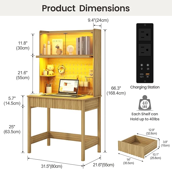 Lvifur 31.5" LEDStudy Desk with Hutch,Outlets,Reading Lights | Computer Desk with Charging Station,2 Drawer,Compact Writing Desks,Home Office Desks for Bedroom,Natural - Image 2