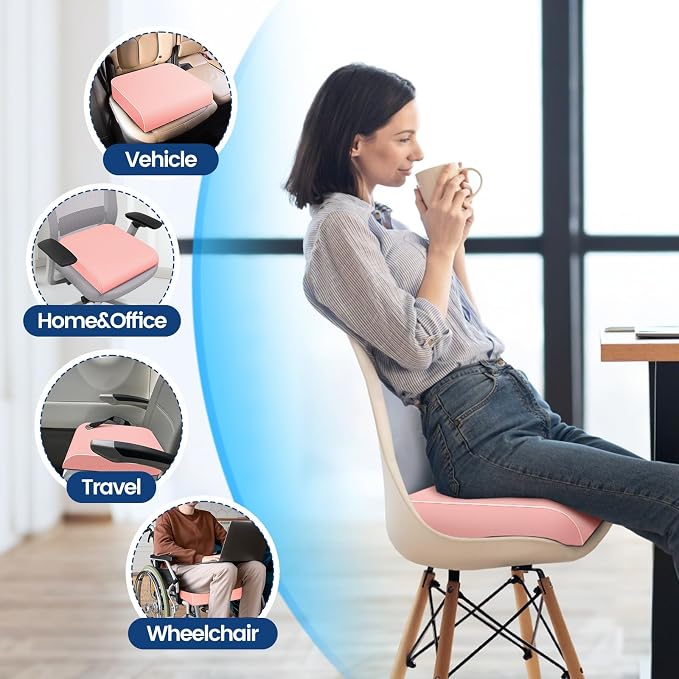 SweetSlubr Seat Cushion, Chair Pad, Memory Foam Tailbone Pain Relief | Office Chair Cushion for Tailbone Pain Relief, Non-Slip Cover, Soft Support for Office Chair, Car Seat, Airplane,Large/Pink - Image 6