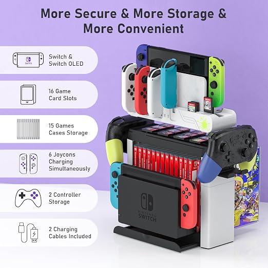 Switch Game Storage with Controller Charger for Nintendo Switch & OLED Model (Designed for Splatoon 3), Switch Charging Dock Charges 6 Joycons, Gaming Accessories Holder Switch Gift Card Organizer - Image 2