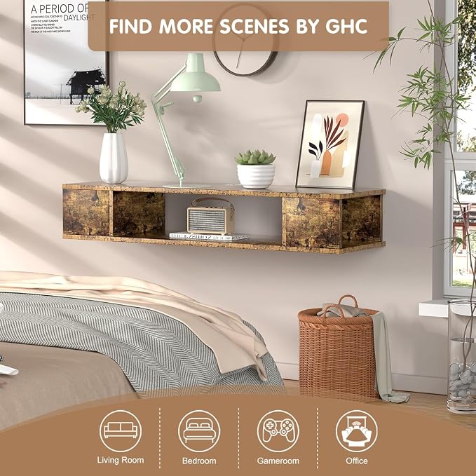 GHC Floating TV Stand, Wall Mounted Entertainment Center and Cabinet Shelf, TV Console with Storage, Media Console for DVD Player, Space-Saving Under TV Shelf for Bedroom (Rustic Brown) - Image 3