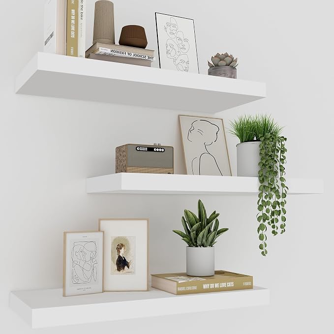 Upassion White Floating Shelves - Set of 3, 16" Wall Mounted Shelves for Home Decor, Living Room, Bedroom, Bathroom, Kitchen by Upassion