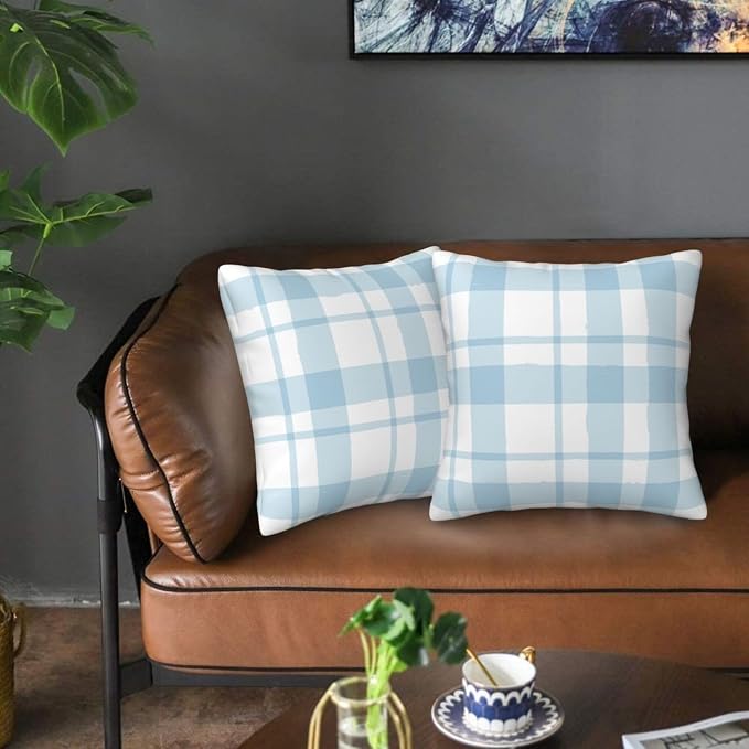 Blue Checkered Throw Pillow Covers Set of 2, 18x18 Inch Soft Short Plush Pillow Cases, Decorative Pillow Covers for Living Room Bedroom Game Room (Blue Checkered Pattern) - Image 4