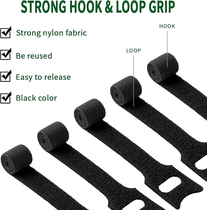 BALABALA 200PCS Cable Ties 4+6+8+10 Inch, Reusable Hook and Loop Straps for Cord Management, Fabric Fastening Straps with Strong Grip, Adjustable Cable Organizer for Home Office Electronics - Black - Image 3