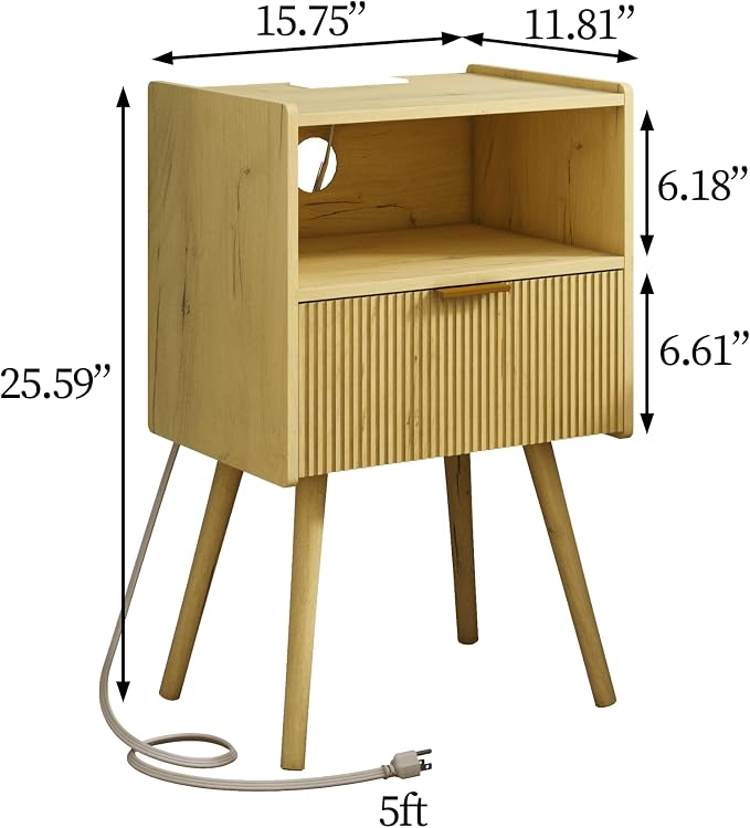 JOONEE Nightstand with Outlet,Modern Bedside Table with Storage Drawer and Open Wood Shelf, for Living Room, Bedroom and Small Spaces, Accent Night Stand with Solid Wood Legs, Easy Assembly,Yellow Oak - Image 2