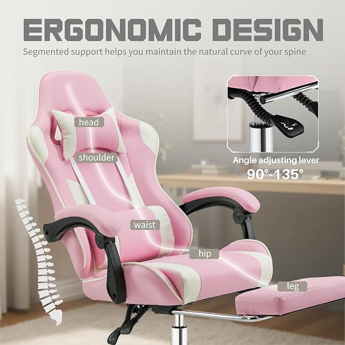 DUMOS Ergonomic Gaming Chair with Footrest, Home Office Desk Chair | PU Leather, Headrest, Linkage Armrests, Height Adjustable, 360 Swivel Reclining, Pink White - Image 4