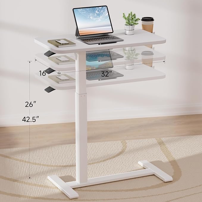 GTPLAYER Small Standing Desk with Hidden Wheels, Pneumatic Mobile Rolling Laptop Desk, Adjustable Height Overbed Bedside Table Computer Workstation for Home Office (32" W x 16" D, White) - Image 3