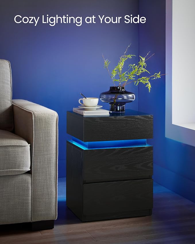 VASAGLE LED Nightstand with Charging Station, 3 Drawers - Image 8
