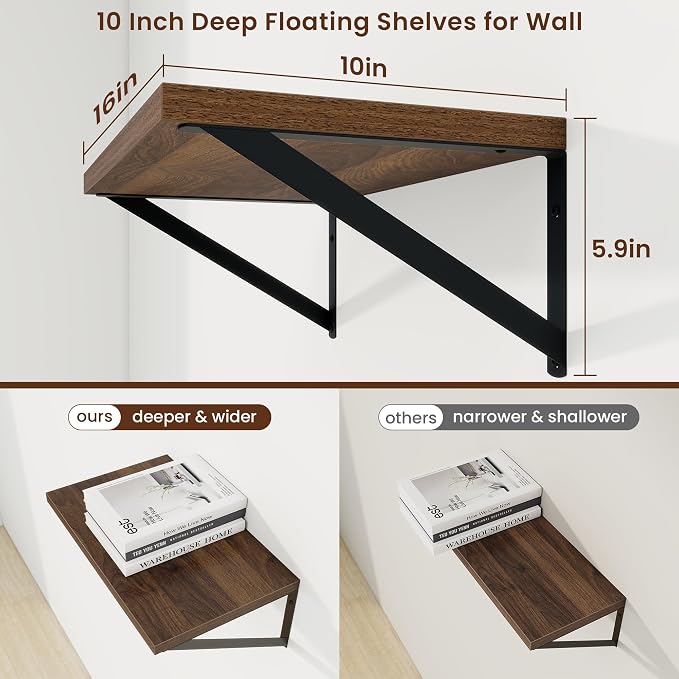 Axeman Deep Floating Shelves, 16'' x 10'' Walnut Wall Shelves Set of 2 - Image 3