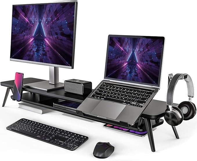 Fenge 42.5-Inch Monitor Stand Riser with Laptop, Phone & Headphone Holders | 10° Adjustable Laptop Holder, 2-Tier Storage, Dual Monitor or Monitor-Laptop Setup, Ideal for Multitasking, Gaming, Streaming by Fenge