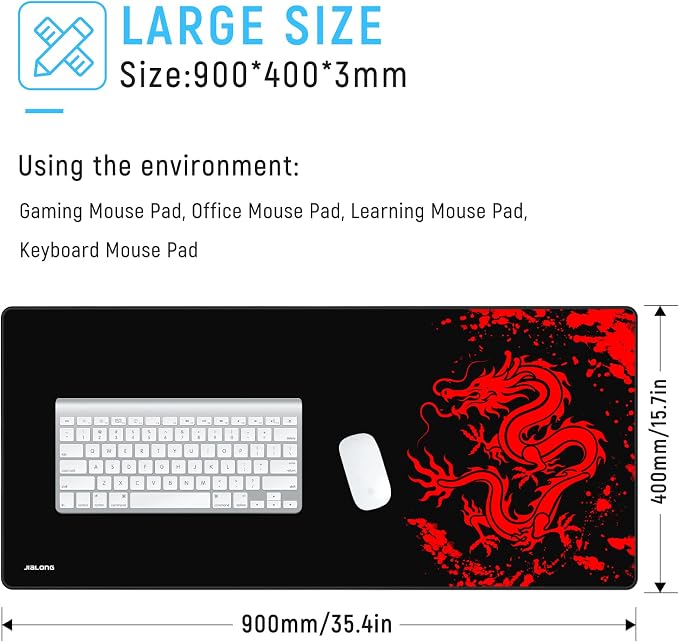 JIALONG Gaming Mouse Pad Large Size 35.4x15.7 inches Extended Desk Mousepad with Personalized Design for Laptop, Computer PC - Red Dragon - Image 2