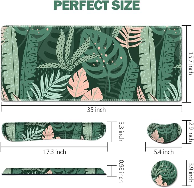AIMSA Large Gaming Mouse Pad Set, Keyboard Wrist Rest Support Mouse Pad, Ergonomic Memory Foam Multifunctional Extended Desk Mat 35x15.7in Anti-Slip Rubber Base for Office Home, Pink Green Leaves - Image 7