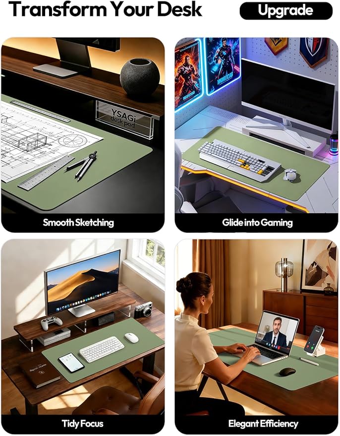 YSAGi Leather Desk Protector, Office Mat, Large Mouse Mat, Non-Slip PU Leather Blotter, Laptop Desk Pad, Waterproof Writing Pad for Office and Home (Bamboo Green, 47.2" x 23.6") - Image 2