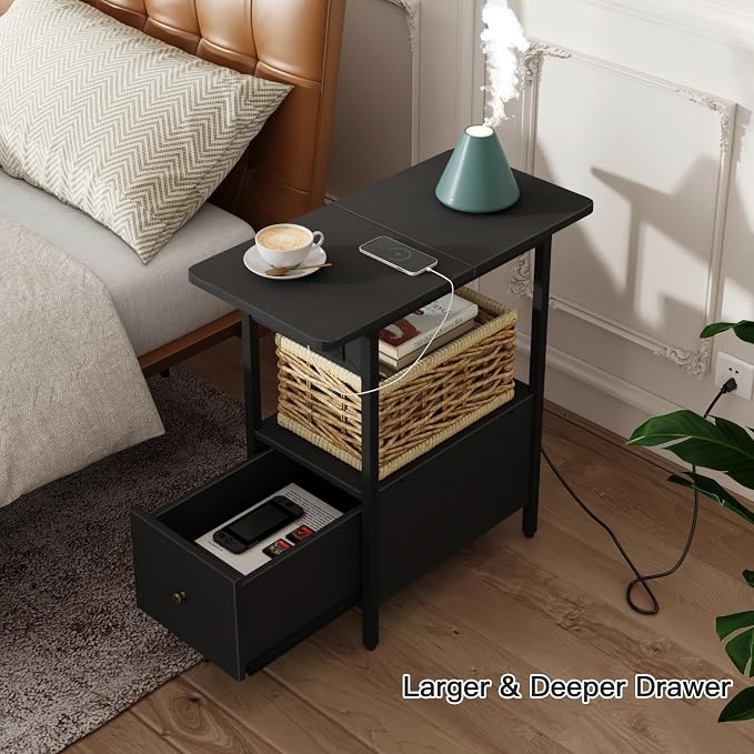 LIDYUK End Table with Charging Station, Narrow Side Table with Drawer - Image 2