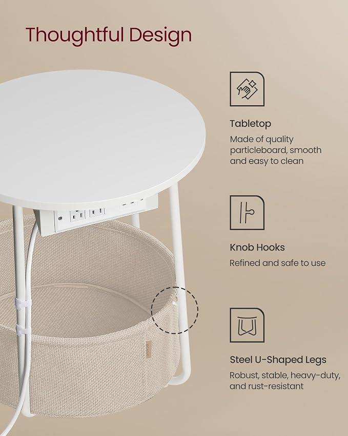VASAGLE Side Table with Charging Station,Fabric Basket, Round End Table - Image 6