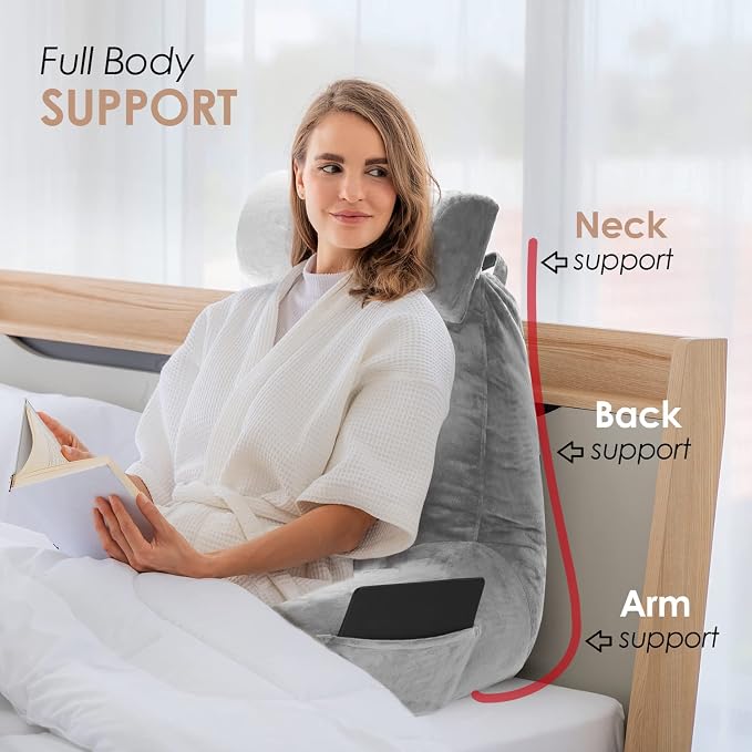 Nestl Reading Pillow with Portable Laptop Lap Desk - Shredded Memory Foam Back Support Pillow for Sitting Up in Bed and Couch Rest Pillows with Arms, Bed Tray Table with Foldable Legs, Light Grey - Image 7