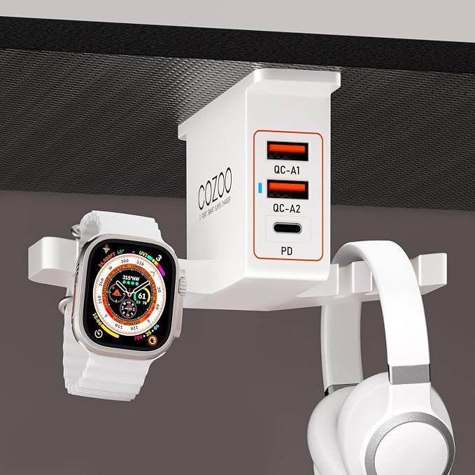 cozoo Desk Headphone Holder Hook Headset Watch Cable Bag Storage White | 2 USB-A & 1 Type-C Ports; Holds Headphones,Watches, Cables, Various Bags,Multifunctional Desk Storage Hook for Gaming Office by COZOO