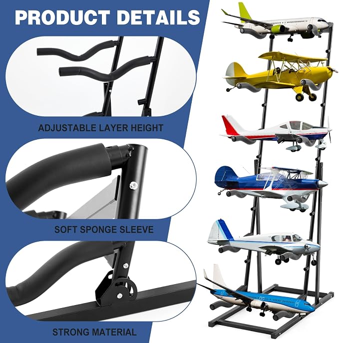 RC Airplanes Storage Rack 6-tier Metal Model Airplane Display Stand 18" x 71" with Adjustable Shelves Holds Multiple Remote Control Plane - Image 4