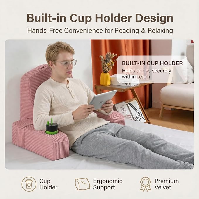 Reading Pillow for Adults, Back Pillow for Bed Sitting Up, Backrest Pillow for Sitting in Bed, Detachable Arms with Built-in Cup & Phone Caddy (Dusty Pink-Corduroy, 21 INCH) - Image 3