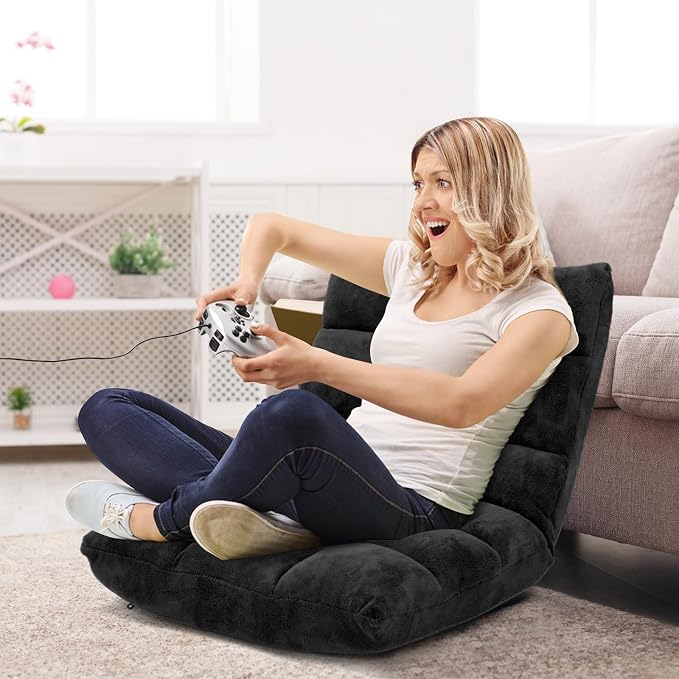 14-Position Floor Sofa, Folding Gaming Sofa Chair, Comfy Cushions & Study Steel Frame, Angle Adjustable Sleeper Bed, Couch Recliner (Black) - Image 3