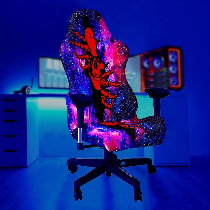 Blacklight Gaming Chair Cover – UV Reactive Esports Chair Protector with Neon Skull Galaxy Design, Stretchable Washable Slipcover for Office & Gaming Chairs - Image 3