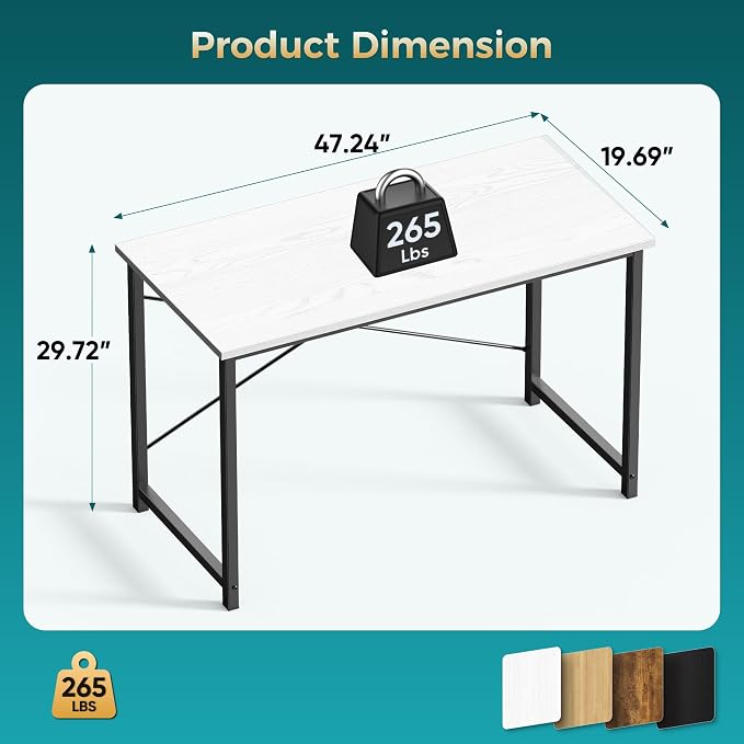 OLIXIS 47 Inch Computer Office Desk for Small Spaces, Writing Gaming Work Desk Modern Study Table with Metal Frame Home Bedroom, White - Image 3