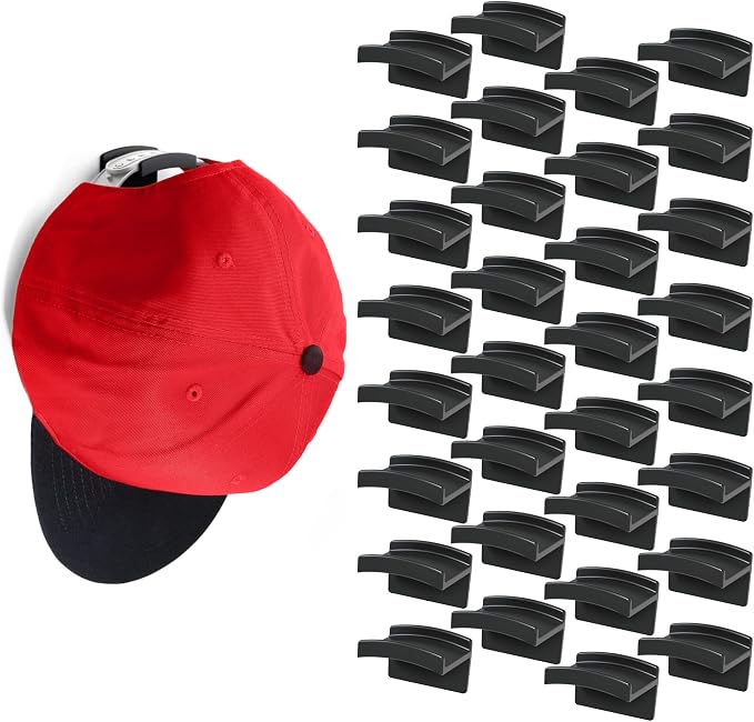 Modern JP Adhesive Hat Hooks for Wall (32-Pack) - Minimalist Hat Rack Design, No Drilling, Strong Hold Hat Hangers - USA Patented, Black by ModernJP