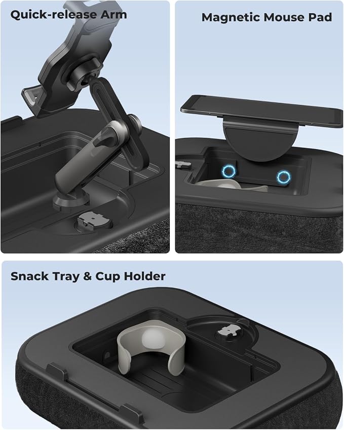 Viozon Kindle Pillow Stand Holder, Phone holder for Bed, Laptop Lap Desk with Mouse Pad,Compatible with 4.7-13" Kindle/Tablet/Phone,10-15"Laptop, Snack Bowl&Cup Attachment&Detachable 360°Stand Arm, B - Image 6