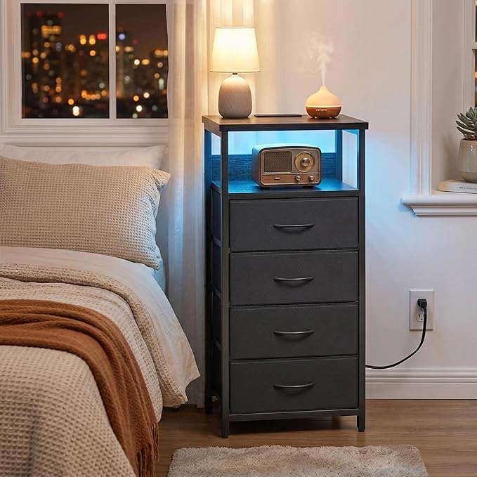 Fixwal Night Stand with Charging Station, Black Led Nightstand, 4 Drawers - Image 2