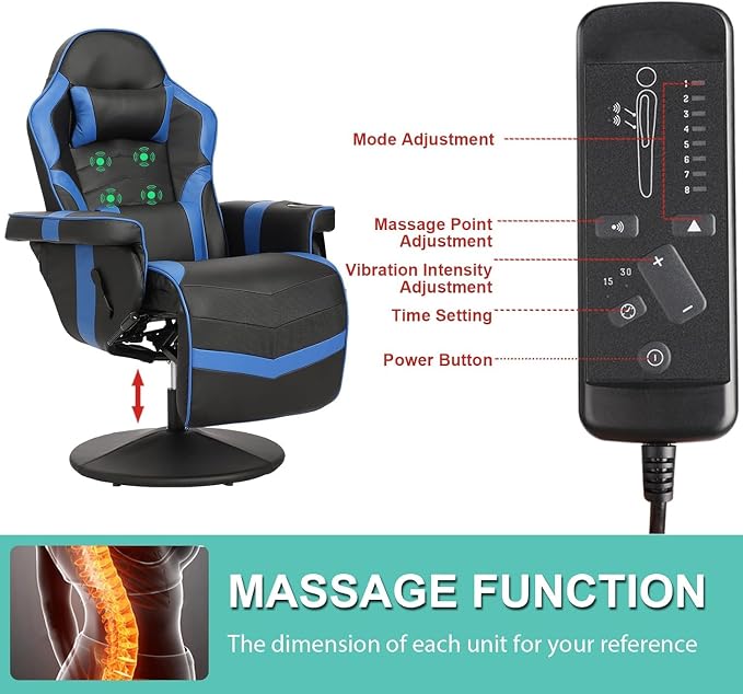 LVUYOYO Reclining Gaming Chair, Massage Gaming Chairs for Adults, High Back PU Leather Game Recliner w/Adjustable Height, Swivel Game Chair with Lumbar Support, Cup Holder, Headrest - Image 4