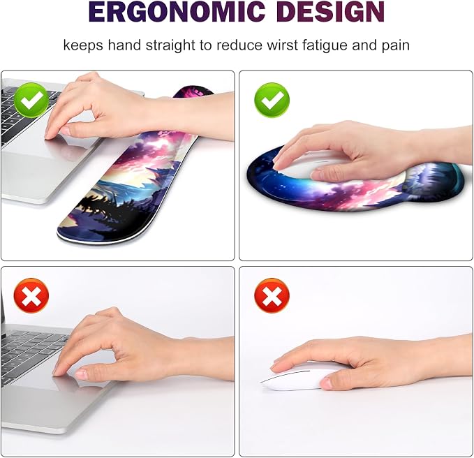 Gaming Mouse Pad, Large Desk Mat, Cute Desk Pad Protector, 4in1 XXL Mousepad + Keyboard Wrist Rest+Mouse Wrist Rest+Coaster Set with Ergonomic Desk Pad for Home Office Table Computer, Purple Hill - Image 3