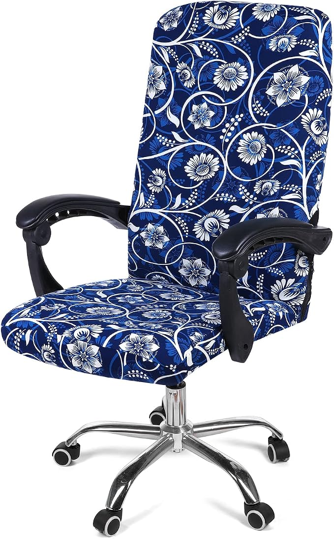 Smiry Stretch Printed Office Computer Desk Chair Covers, Navy Blue | Universal Desk Rotating Chair Slipcovers Removable Washable, Soft Fit Anti-Dust Spandex Protector Cover with Zipper by Smiry