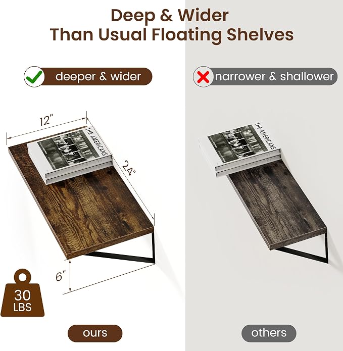 Axeman 12 Inch Deep Floating Shelves for Wall - 24 Inch Wide x 12 Inch Deep Wall Shelves Set of 2 - Rustic Wood Floating Shelves for Living Room - Image 3