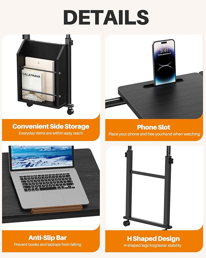 Laptop Desk for Bed,6-Angle Adjustable Overbed Table with Wheels,Adjustable Height and Length Bed Table for Laptop with Side Bookshelf,Standing Desk,Over Bed Desk for Working Hospital Home (Black) - Image 5