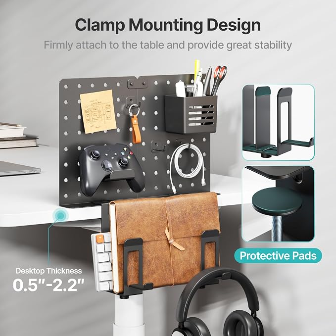 PEGZONE Clamp on Desk Pegboard Shelf, with 2-Slot Under Desk Laptop Holder | with Headphone Holder and Pegboard Accessories, Desk Side Storage for Office Gaming, Desk Organizer, Black - Image 5